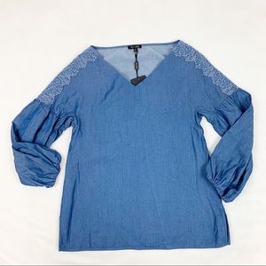 Chambray lace V neck balloon sleeve blouse top
